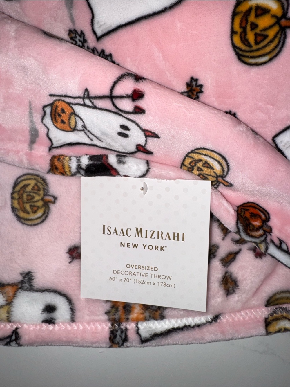 Isaac Mizrahi Fall Autumn Leaves Halloween Ghost & Pumpkins Pink Blanket - Picture 2 of 4